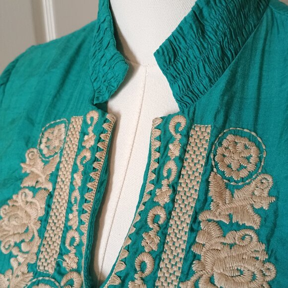 Neslay Paris Teal Green Embroidered Boho Mini Poof Bubble Dress Large - Picture 2 of 13